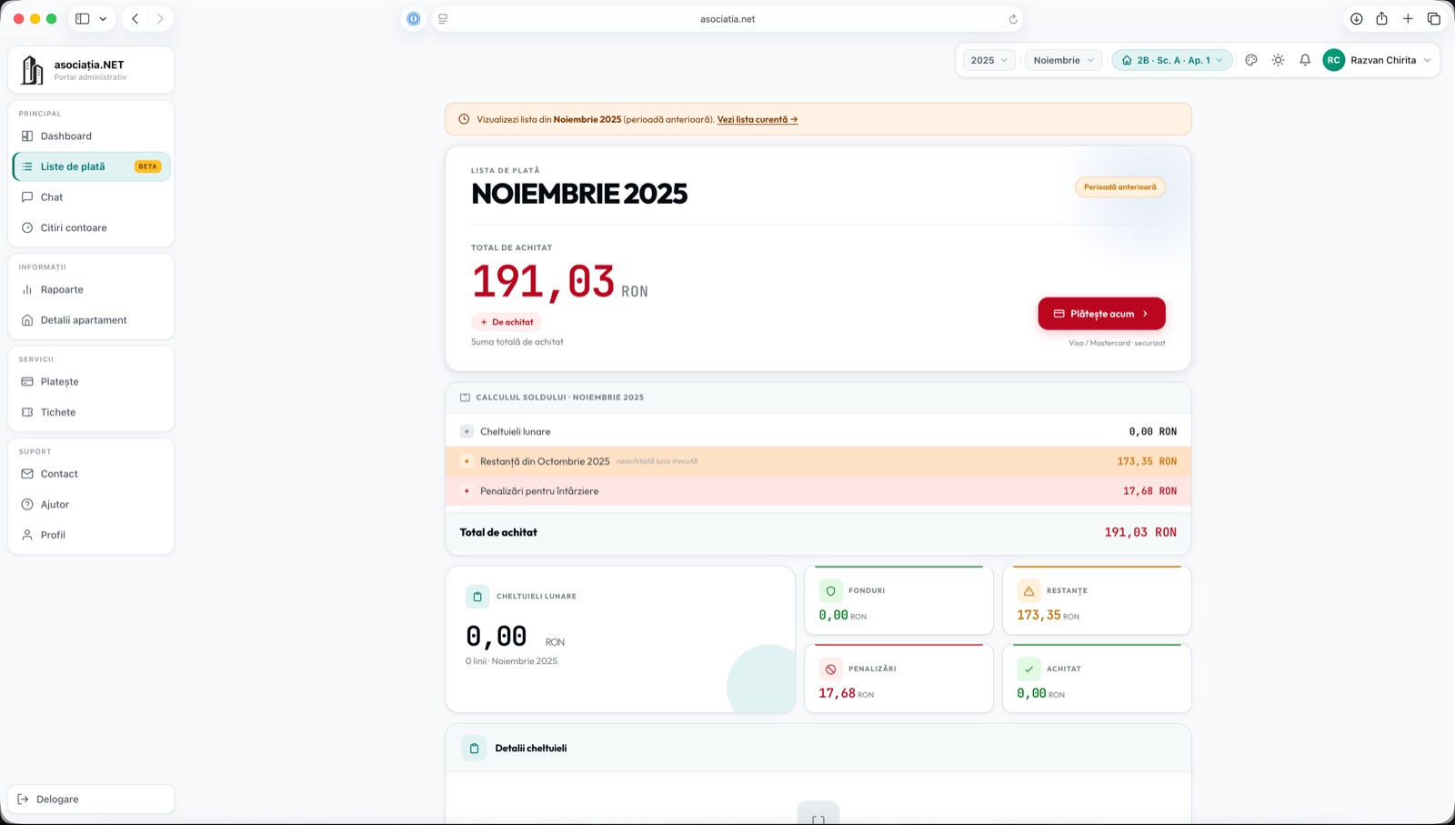 Lista de plată pe o lună, cu restanțe, penalizări și plată online cu cardul.